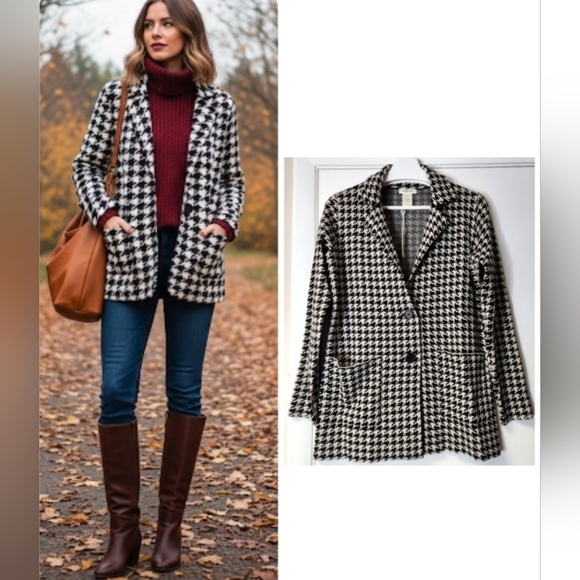 Max Studio Vintage Knit Black Houndstooth Unconstructed Blazer In Cream Black S. - Picture 1 of 16